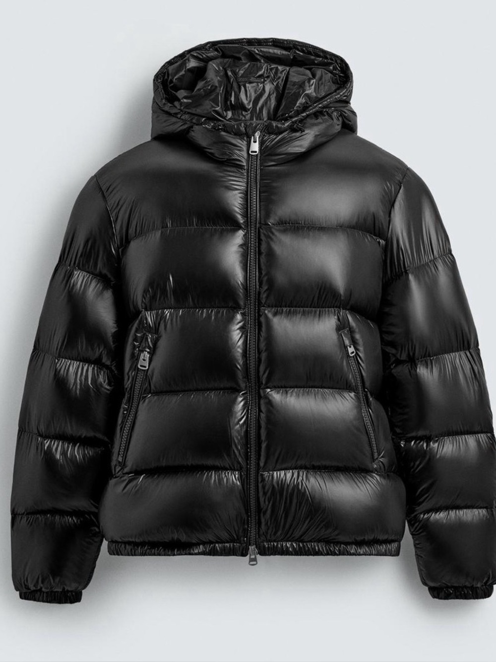 Zara Men's Shiny Black Hooded Puffer Jacket